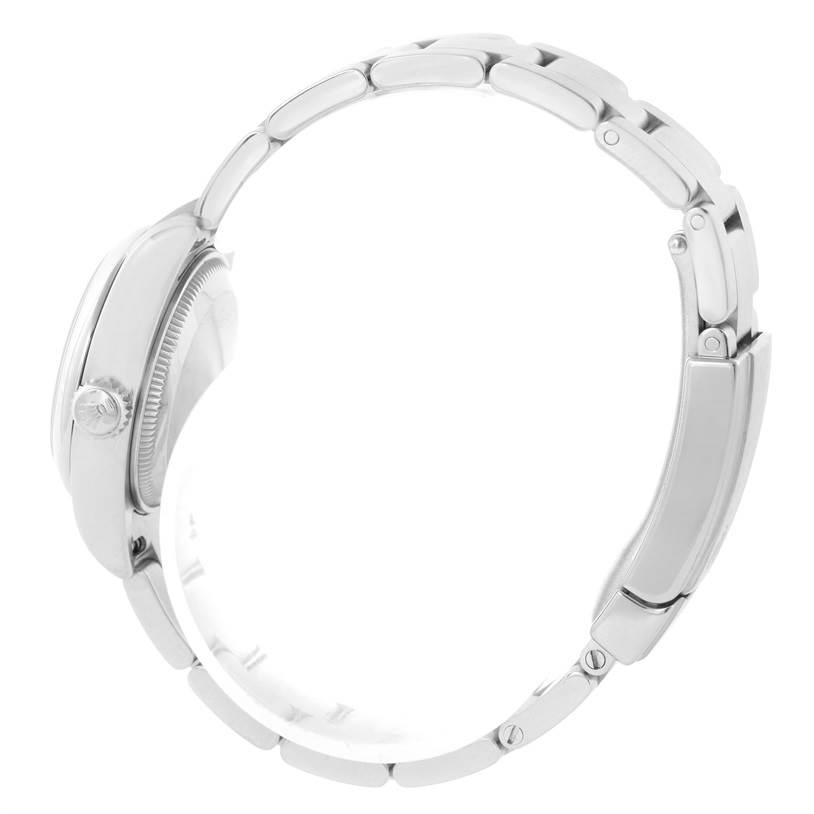 The image shows a side view of the Rolex Oyster Perpetual 176200 Women's Stainless Steel Black Dial 176200 Women's Stainless Steel Black Dial watch, highlighting the crown and bracelet links.