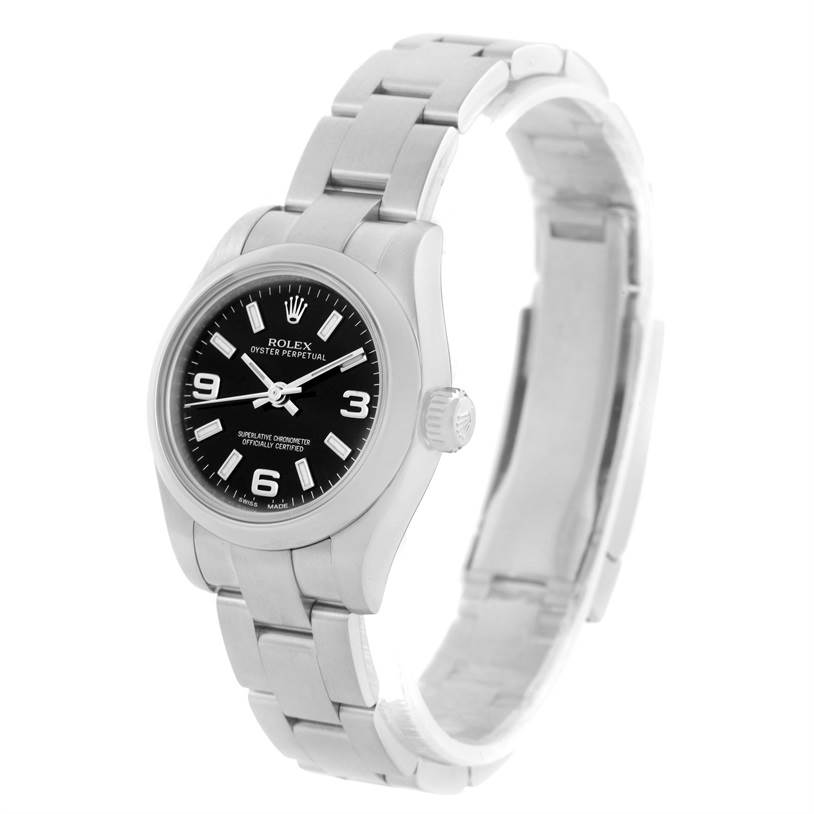 The Rolex Oyster Perpetual 176200 Women's Stainless Steel Black Dial 176200 Women's Stainless Steel Black Dial watch is shown at a 3 o'clock angle, highlighting the dial, bracelet, and crown.