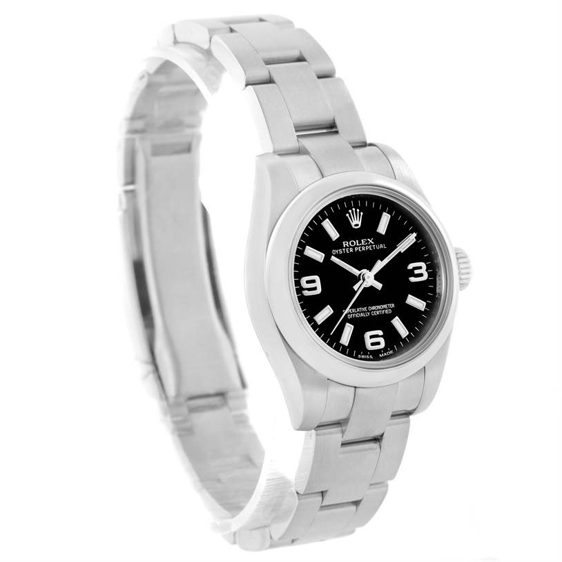 The Rolex Oyster Perpetual 176200 Women's Stainless Steel Black Dial 176200 Women's Stainless Steel Black Dial watch is shown at a slight angle, displaying the black dial, bezel, and stainless steel bracelet.