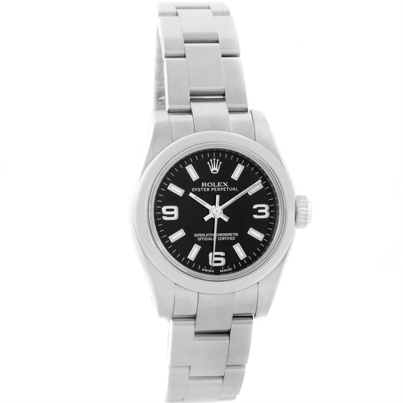 The image shows a front view of the Rolex Oyster Perpetual 176200 Women's Stainless Steel Black Dial 176200 Women's Stainless Steel Black Dial watch, highlighting its face and bracelet.