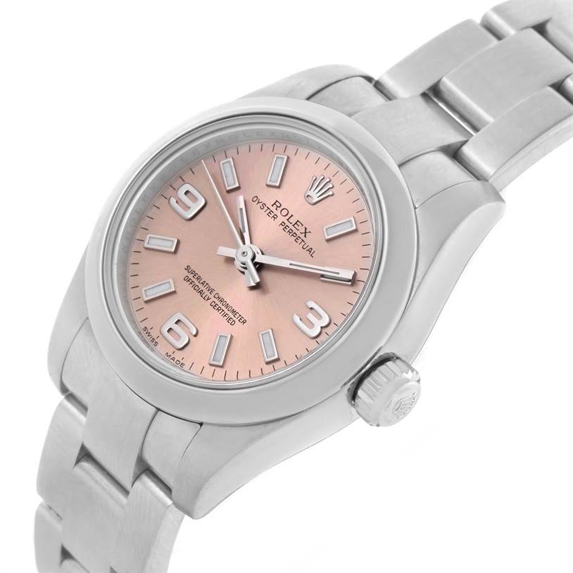 This image shows a Rolex Oyster Perpetual 176200 Women's Stainless Steel Pink Dial 176200 Women's Stainless Steel Pink Dial watch, angled from the front and left side, highlighting the dial, case, crown, and bracelet.