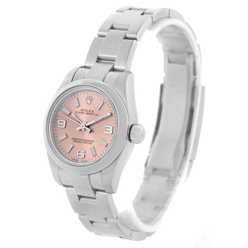 The image shows a Rolex Oyster Perpetual 176200 Women's Stainless Steel Pink Dial 176200 Women's Stainless Steel Pink Dial watch from an angled front view, displaying the face, bezel, and part of the bracelet.