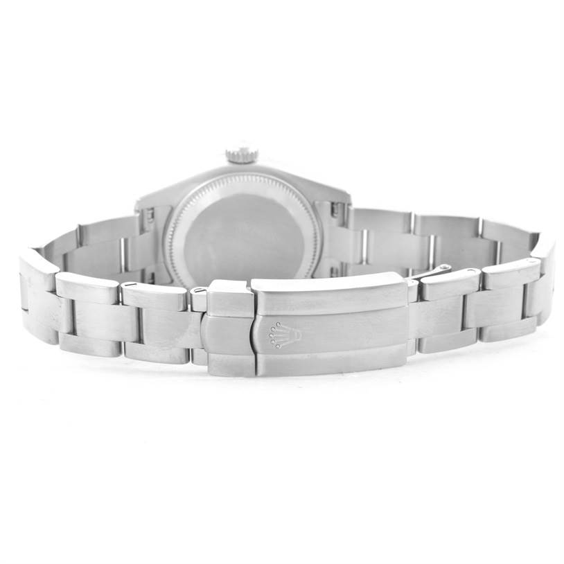 This image shows the back view of a Rolex Oyster Perpetual 176200 Women's Stainless Steel Pink Dial 176200 Women's Stainless Steel Pink Dial wristwatch, highlighting the case back and the bracelet clasp.