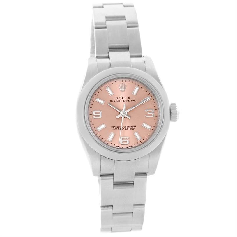This image shows the front view of a Rolex Oyster Perpetual 176200 Women's Stainless Steel Pink Dial 176200 Women's Stainless Steel Pink Dial watch, prominently displaying the face, bezel, and bracelet.