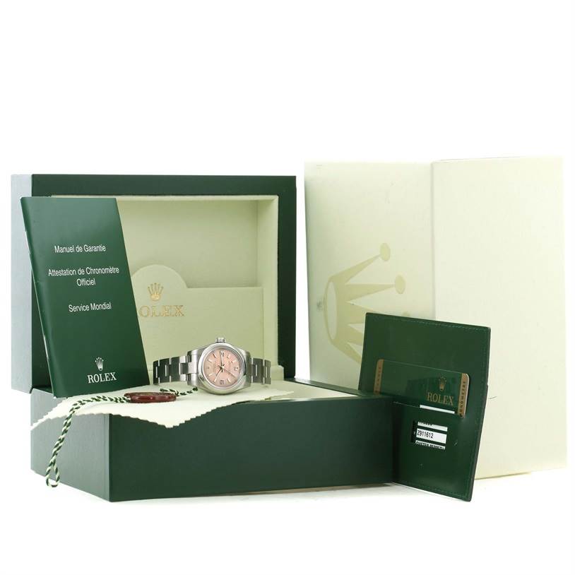 The image shows a Rolex Oyster Perpetual 176200 Women's Stainless Steel Pink Dial 176200 Women's Stainless Steel Pink Dial watch, box, manuals, and warranty card at an angled view.