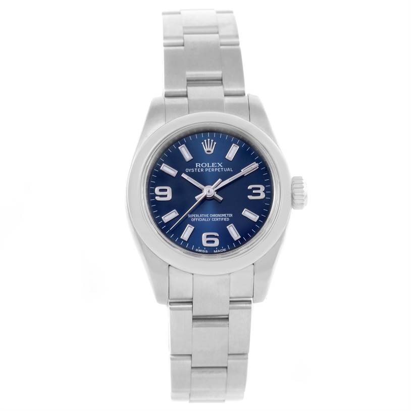 The image shows a front view of a Rolex Oyster Perpetual 176200 Women's Stainless Steel Blue Dial 176200 Women's Stainless Steel Blue Dial watch, displaying its face, bezel, crown, and band.