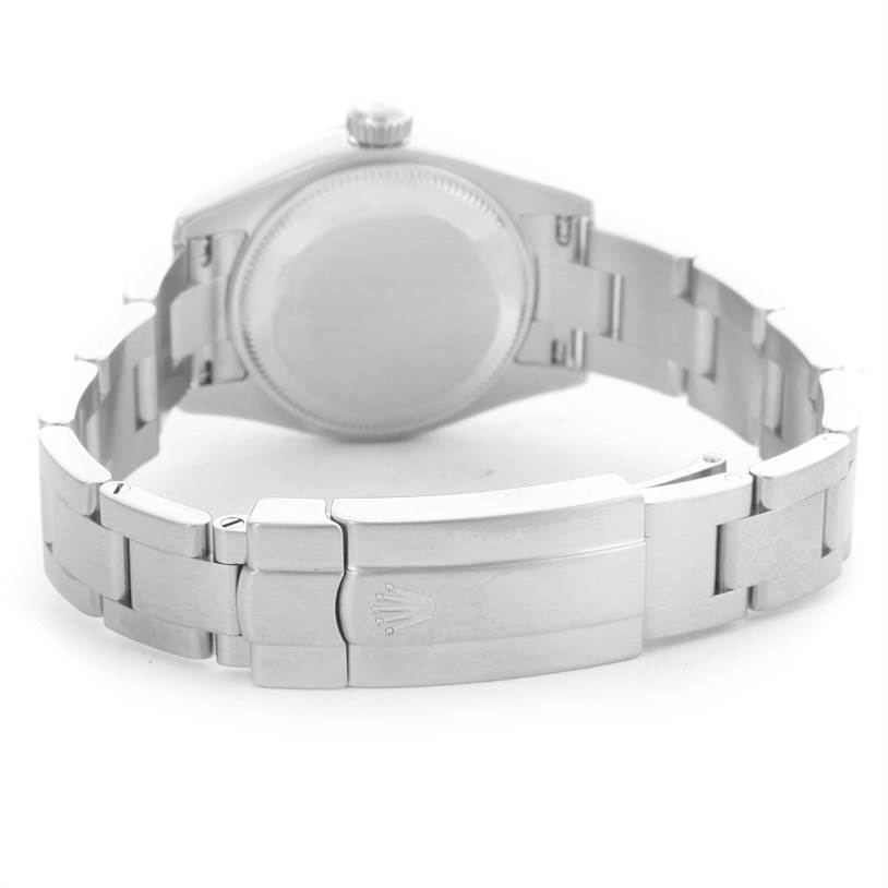 The image shows the back case and the closed clasp of the Rolex Oyster Perpetual 176200 Women's Stainless Steel Blue Dial 176200 Women's Stainless Steel Blue Dial watch from a rear view angle.