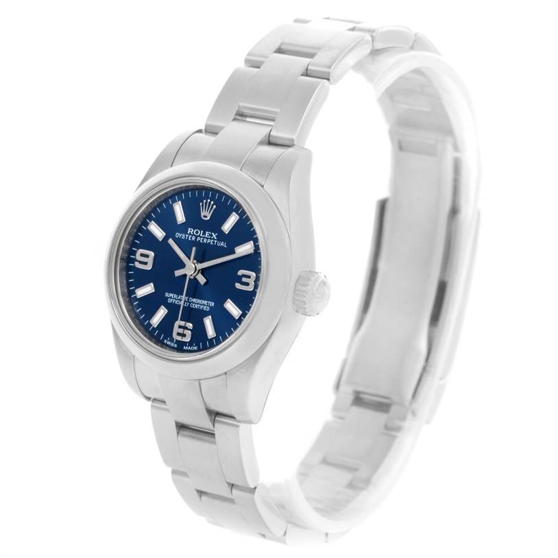 The image shows a Rolex Oyster Perpetual 176200 Women's Stainless Steel Blue Dial 176200 Women's Stainless Steel Blue Dial watch at a slight angle, displaying the face, bezel, crown, and bracelet.