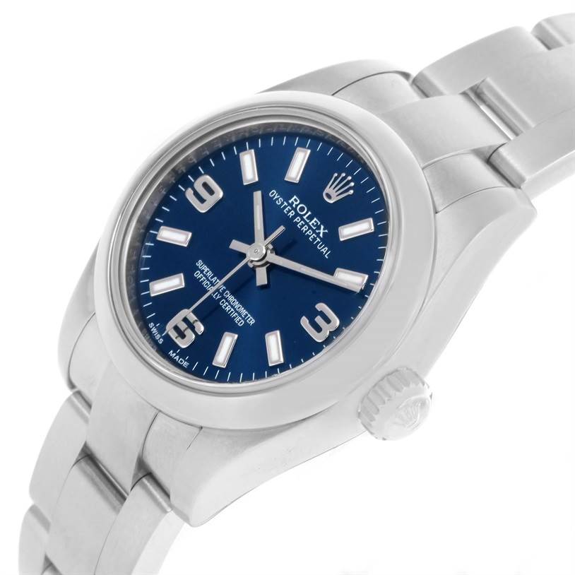 The image shows a Rolex Oyster Perpetual 176200 Women's Stainless Steel Blue Dial 176200 Women's Stainless Steel Blue Dial watch at an angle, highlighting the dial, crown, and part of the bracelet.