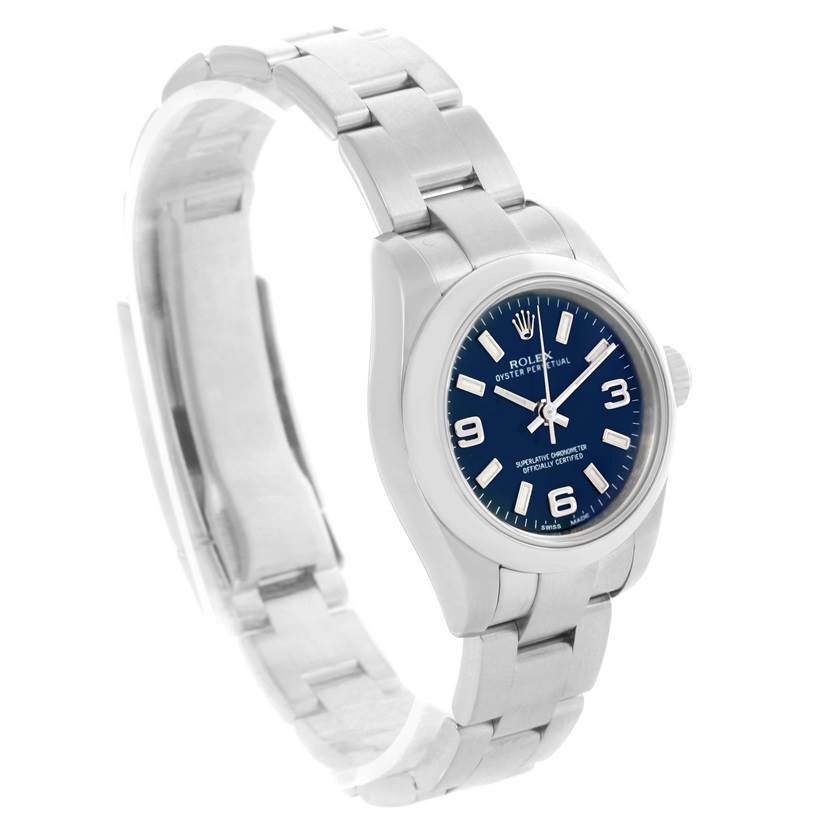 The Rolex Oyster Perpetual 176200 Women's Stainless Steel Blue Dial 176200 Women's Stainless Steel Blue Dial watch is shown at an angled side view featuring its blue dial and stainless steel bracelet.