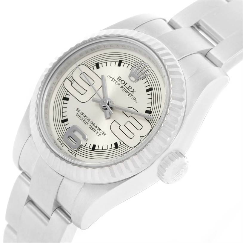 The image shows a side angle of the Rolex Oyster Perpetual 176234 Women
s Stainless Steel Silver Dial 176234 Women
s Stainless Steel Silver Dial watch, highlighting its dial, bezel, crown, and bracelet.