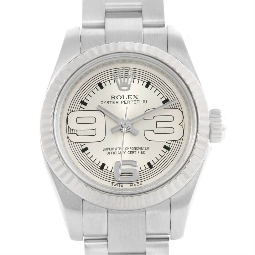 The image shows a front view of the Rolex Oyster Perpetual 176234 Women
s Stainless Steel Silver Dial 176234 Women
s Stainless Steel Silver Dial watch, highlighting the face, bezel, and part of the bracelet.