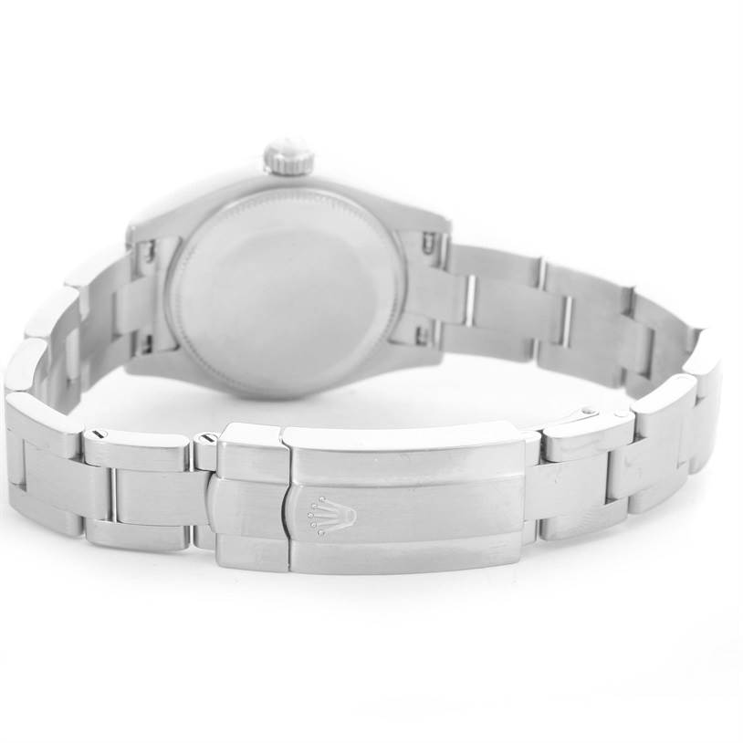 The image shows the back view of a Rolex Oyster Perpetual 176234 Women
s Stainless Steel Silver Dial 176234 Women
s Stainless Steel Silver Dial watch including the case back, bracelet, and clasp.