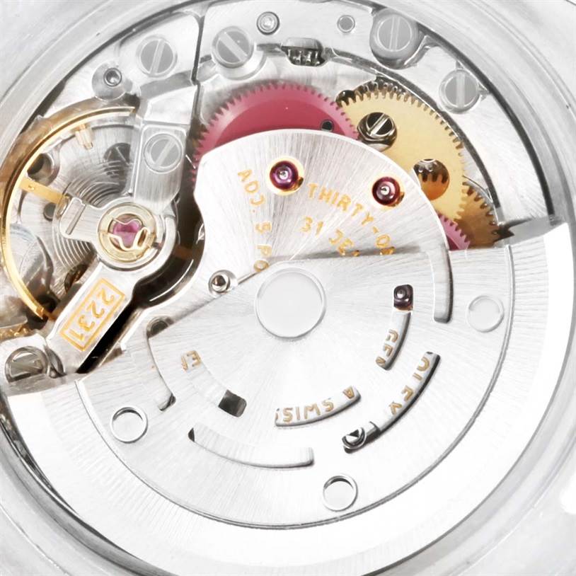 This image showcases the internal movement mechanism of a Rolex Oyster Perpetual 176234 Women
s Stainless Steel Silver Dial 176234 Women
s Stainless Steel Silver Dial watch viewed from the back.