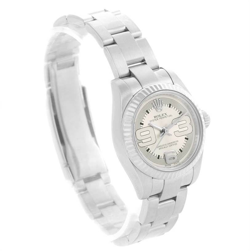 This image shows a Rolex Oyster Perpetual 176234 Women
s Stainless Steel Silver Dial 176234 Women
s Stainless Steel Silver Dial watch at a 3/4 angle, highlighting the face, bezel, bracelet, and clasp.
