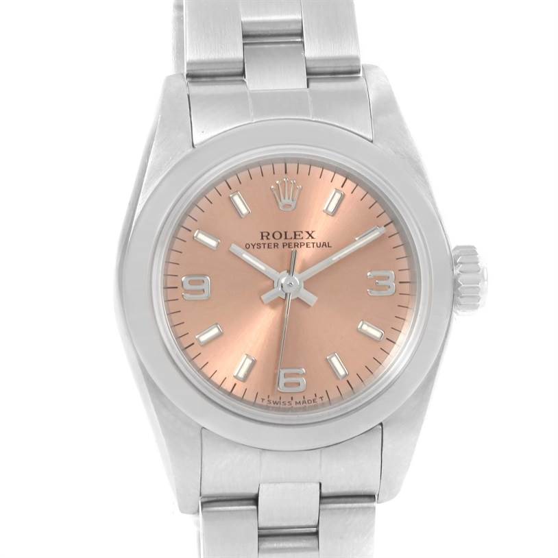 This image shows a top-down view of a Rolex Oyster Perpetual 67180 Women's Stainless Steel Pink Dial 67180 Women's Stainless Steel Pink Dial watch, highlighting the face, bezel, crown, and part of the bracelet.