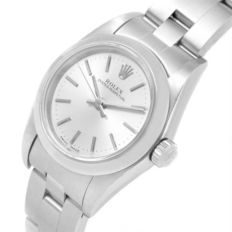 The image shows a front-angled view of the Rolex Oyster Perpetual 76080 Women
s Stainless Steel Silver Dial 76080 Women
s Stainless Steel Silver Dial watch, highlighting its dial, case, crown, and bracelet.
