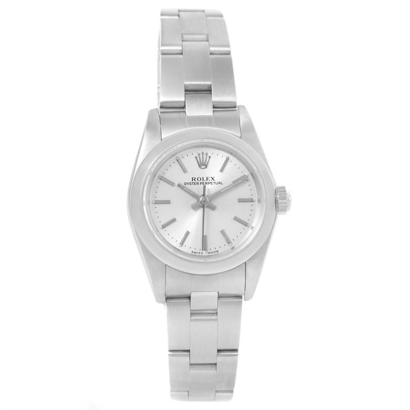 This image shows a front view of the Rolex Oyster Perpetual 76080 Women
s Stainless Steel Silver Dial 76080 Women
s Stainless Steel Silver Dial watch, displaying its dial, crown, bracelet, and clasp.