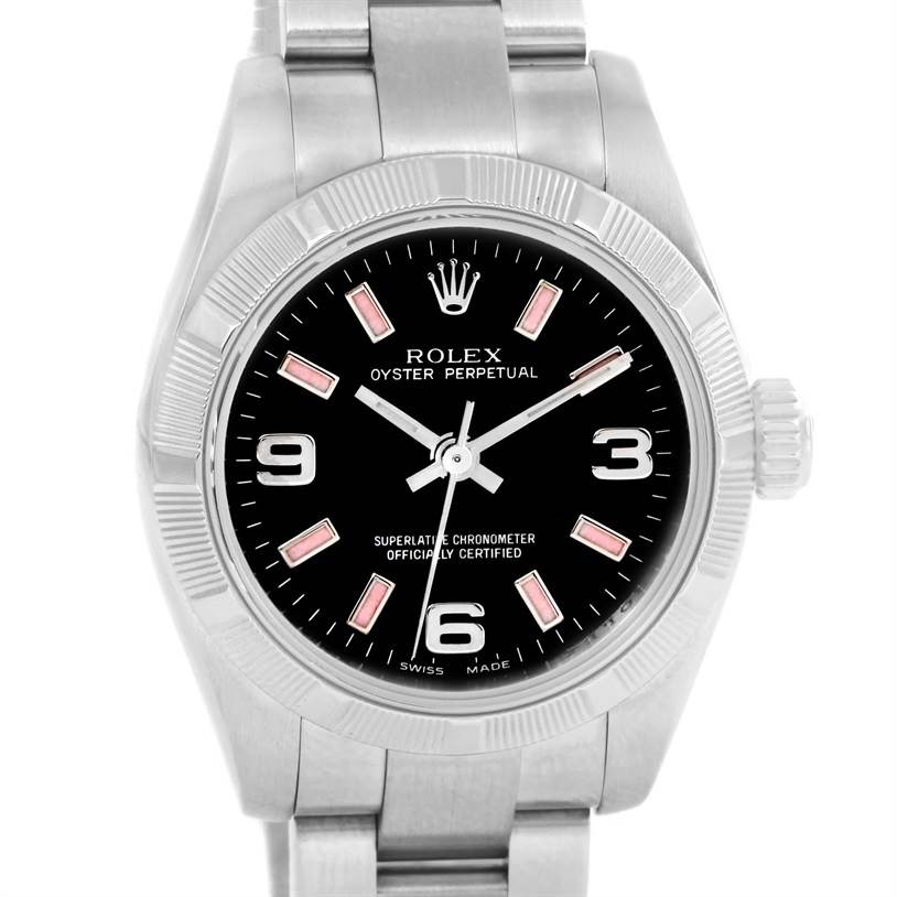 The front view of the Rolex Oyster Perpetual 176210 Women's Stainless Steel Black Dial 176210 Women's Stainless Steel Black Dial watch shows the dial, bezel, and part of the stainless steel bracelet.