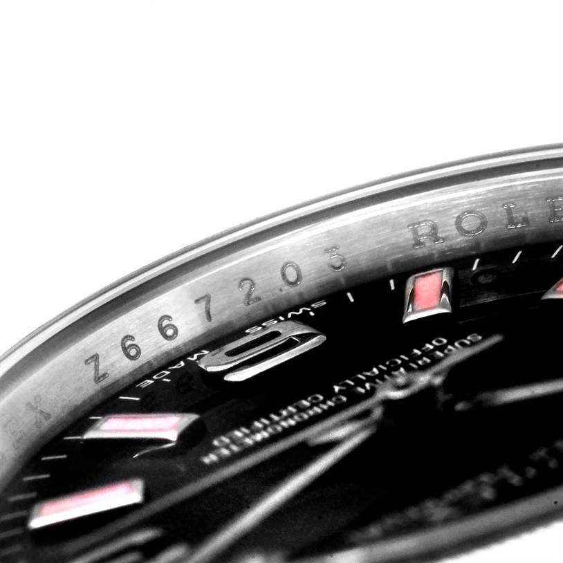 The image shows a close-up of the bezel and dial, displaying the serial number and brand name of the Rolex Oyster Perpetual 176210 Women's Stainless Steel Black Dial 176210 Women's Stainless Steel Black Dial watch.