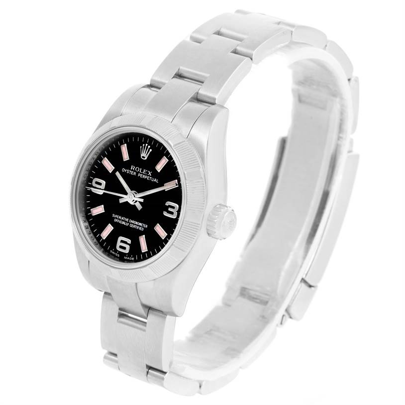 This image shows a Rolex Oyster Perpetual 176210 Women's Stainless Steel Black Dial 176210 Women's Stainless Steel Black Dial watch from an angled view, highlighting its black dial, silver case, and bracelet.