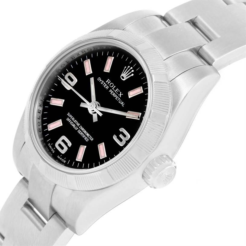 The Rolex Oyster Perpetual 176210 Women's Stainless Steel Black Dial 176210 Women's Stainless Steel Black Dial watch is shown from a slight angle, highlighting the dial, crown, and part of the bracelet.