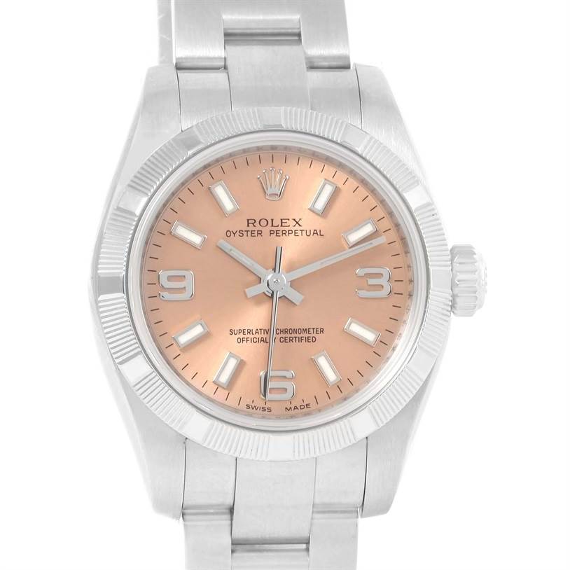 The image shows a frontal view of a Rolex Oyster Perpetual 176200 Women's Stainless Steel Pink Dial 176200 Women's Stainless Steel Pink Dial watch, highlighting its dial, bezel, and part of the bracelet.