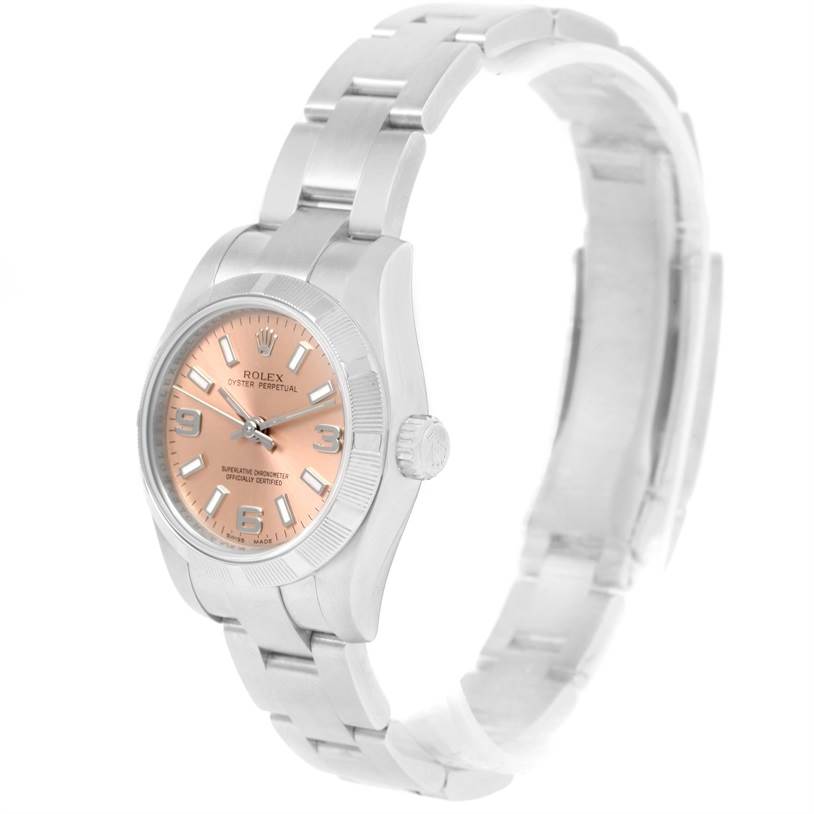 The image shows a side angle of the Rolex Oyster Perpetual 176200 Women's Stainless Steel Pink Dial 176200 Women's Stainless Steel Pink Dial watch, displaying its bracelet, case, and dial.