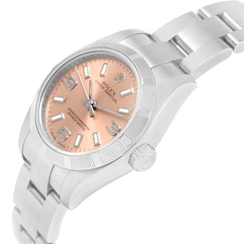 The image shows a Rolex Oyster Perpetual 176200 Women's Stainless Steel Pink Dial 176200 Women's Stainless Steel Pink Dial watch at an angled view highlighting the dial, bracelet, and crown.