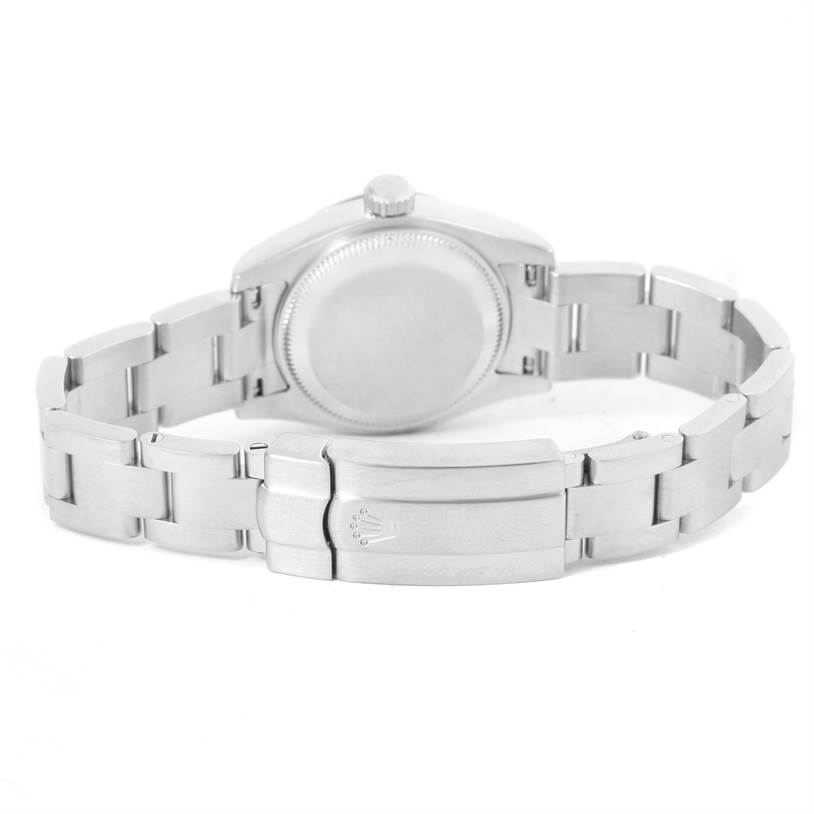 The image shows the back view of the Rolex Oyster Perpetual 176200 Women's Stainless Steel Pink Dial 176200 Women's Stainless Steel Pink Dial watch, focusing on the case back and bracelet.