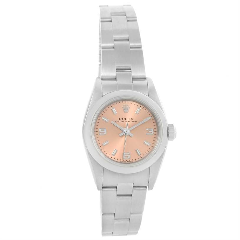 The image shows a frontal view of the Rolex Oyster Perpetual 76080 Women's Stainless Steel Pink Dial 76080 Women's Stainless Steel Pink Dial watch, highlighting its dial, bezel, case, and bracelet.