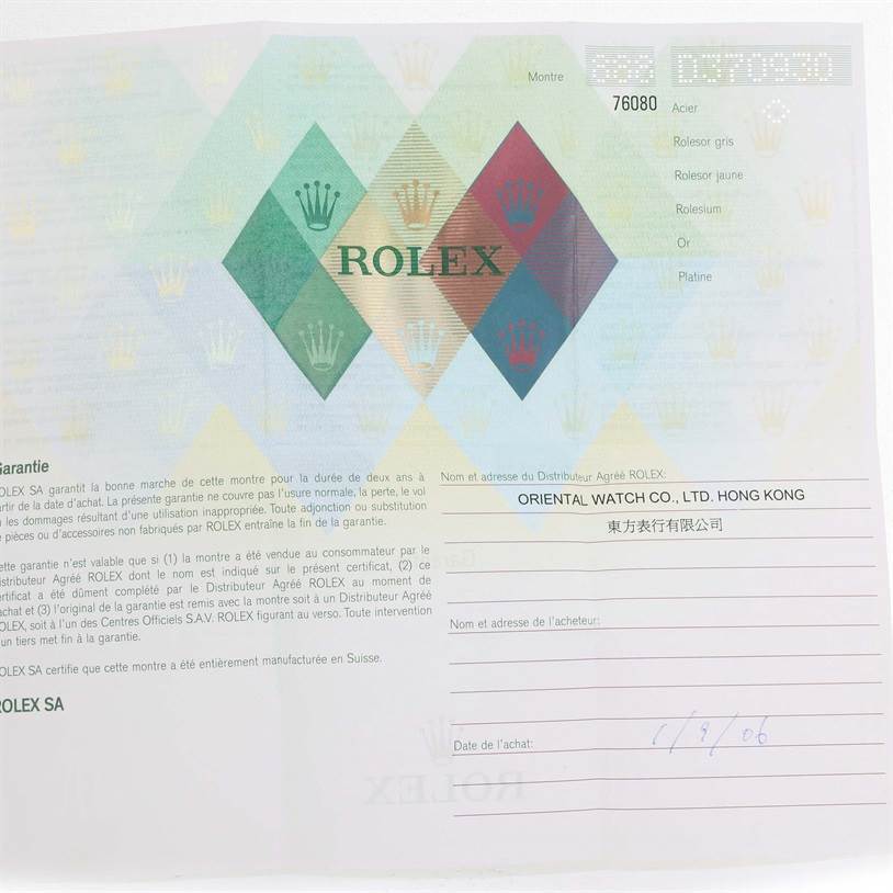 The image shows a warranty card for a Rolex Oyster Perpetual 76080 Women's Stainless Steel Pink Dial 76080 Women's Stainless Steel Pink Dial watch, including details about the purchase and distributor.