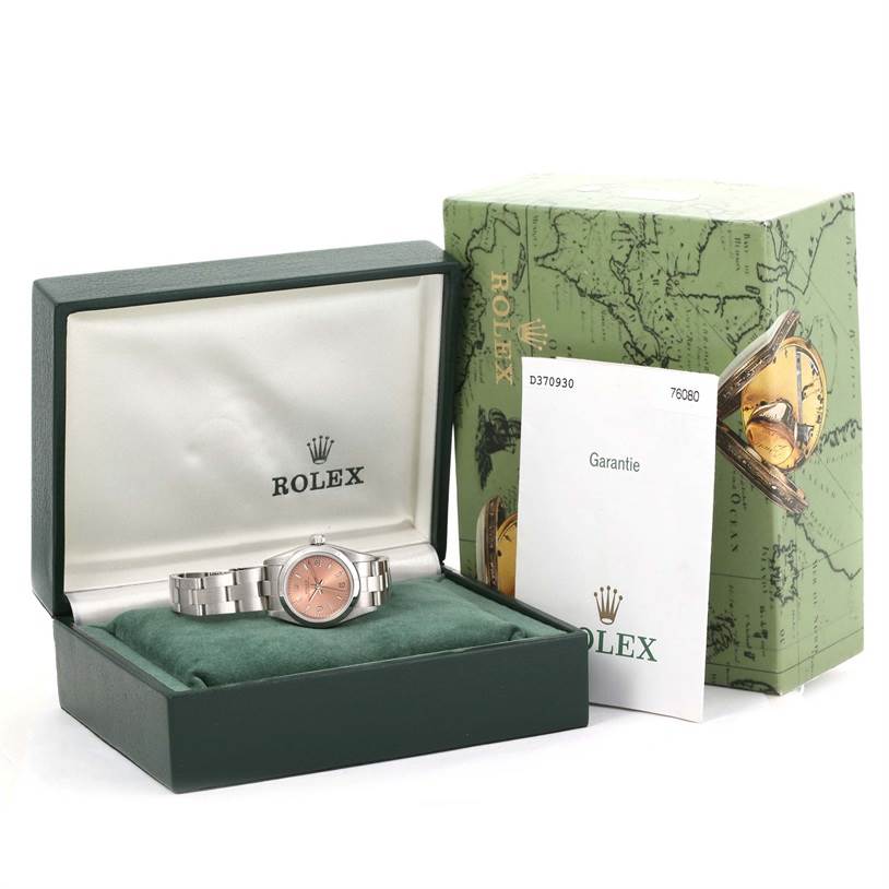 The image shows a Rolex Oyster Perpetual 76080 Women's Stainless Steel Pink Dial 76080 Women's Stainless Steel Pink Dial watch in an open Rolex box, along with the warranty card and outer packaging.