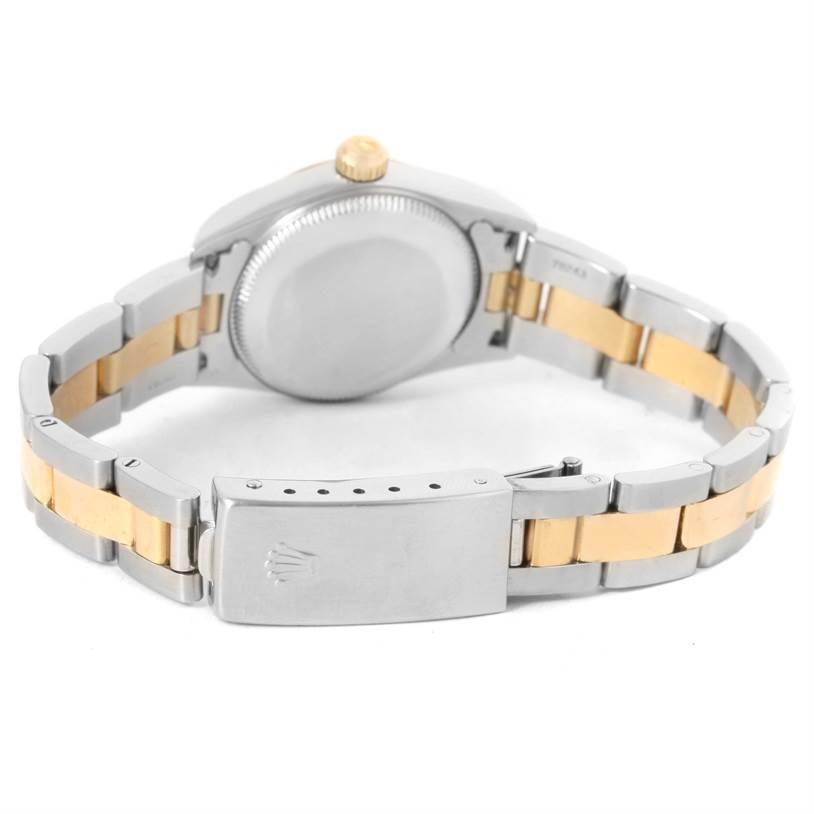 This image shows the back and clasp of the Rolex Oyster Perpetual 76183 Women's Steel and Gold (two tone) White Dial 76183 Women's Steel and Gold (two tone) White Dial watch, highlighting its two-tone bracelet.