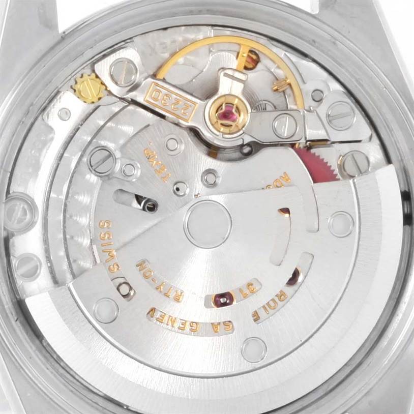 This image shows the internal movement mechanism of a Rolex Oyster Perpetual 76183 Women's Steel and Gold (two tone) White Dial 76183 Women's Steel and Gold (two tone) White Dial watch from a close-up, top-down angle.