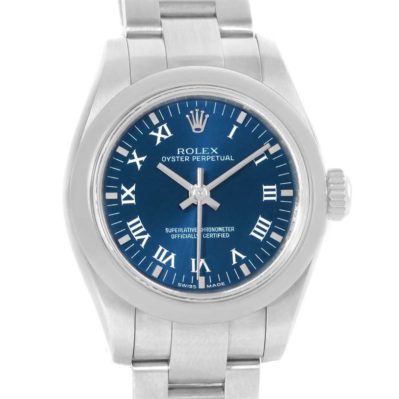 The image shows a Rolex Oyster Perpetual 176200 Women's Stainless Steel Blue Dial 176200 Women's Stainless Steel Blue Dial watch from a frontal angle, displaying the dial, bezel, crown, and part of the bracelet.