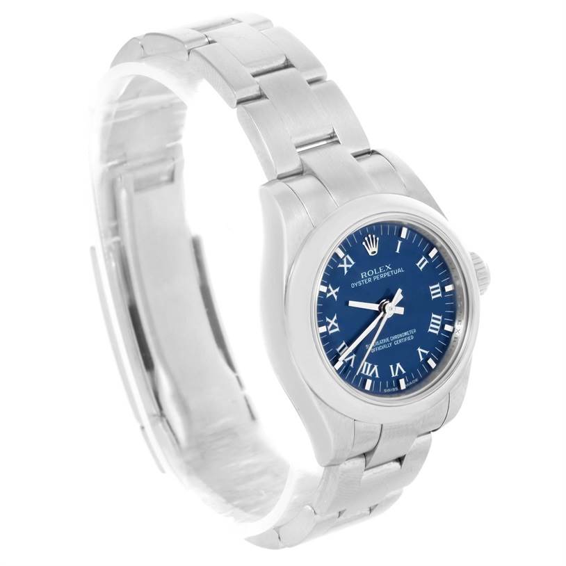 This image shows a Rolex Oyster Perpetual 176200 Women's Stainless Steel Blue Dial 176200 Women's Stainless Steel Blue Dial watch angled to display its face, case, and bracelet.