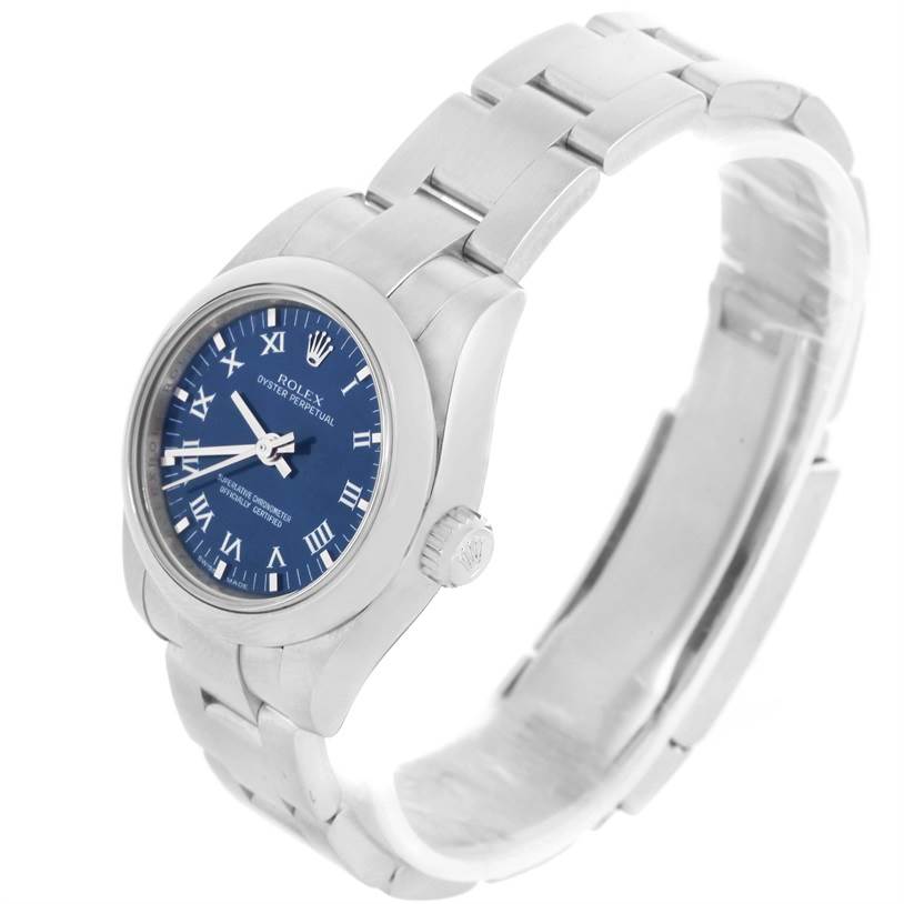 The image shows a side angle of a Rolex Oyster Perpetual 176200 Women's Stainless Steel Blue Dial 176200 Women's Stainless Steel Blue Dial watch, highlighting the dial, bezel, crown, and bracelet.