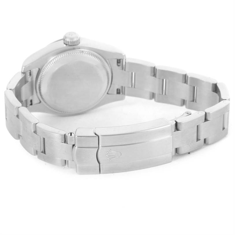 This image shows the back view of a Rolex Oyster Perpetual 176200 Women's Stainless Steel Blue Dial 176200 Women's Stainless Steel Blue Dial watch, highlighting its clasp and bracelet.