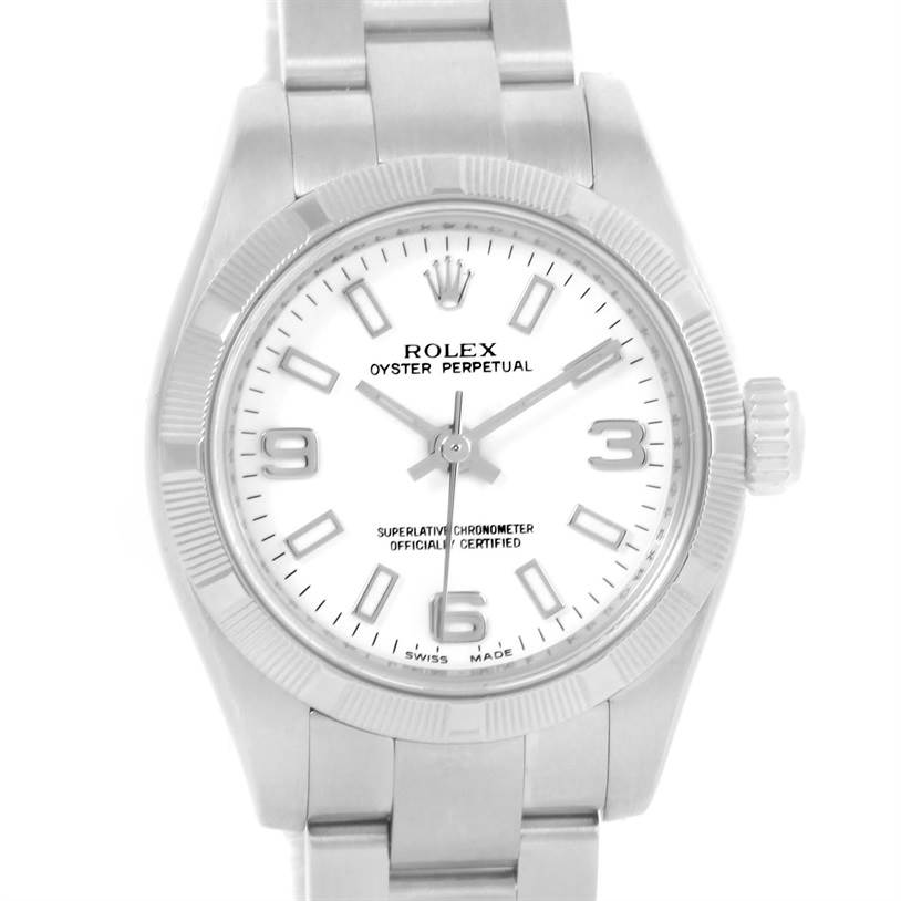 This image shows a front view of the Rolex Oyster Perpetual 176210 Women
s Stainless Steel White Dial 176210 Women
s Stainless Steel White Dial watch, displaying its face, bezel, crown, and part of the bracelet.