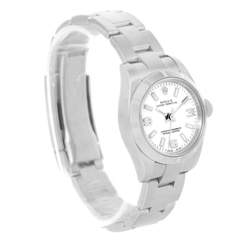 The image shows a Rolex Oyster Perpetual 176210 Women
s Stainless Steel White Dial 176210 Women
s Stainless Steel White Dial watch at a three-quarter angle, highlighting the dial, bracelet, and clasp.