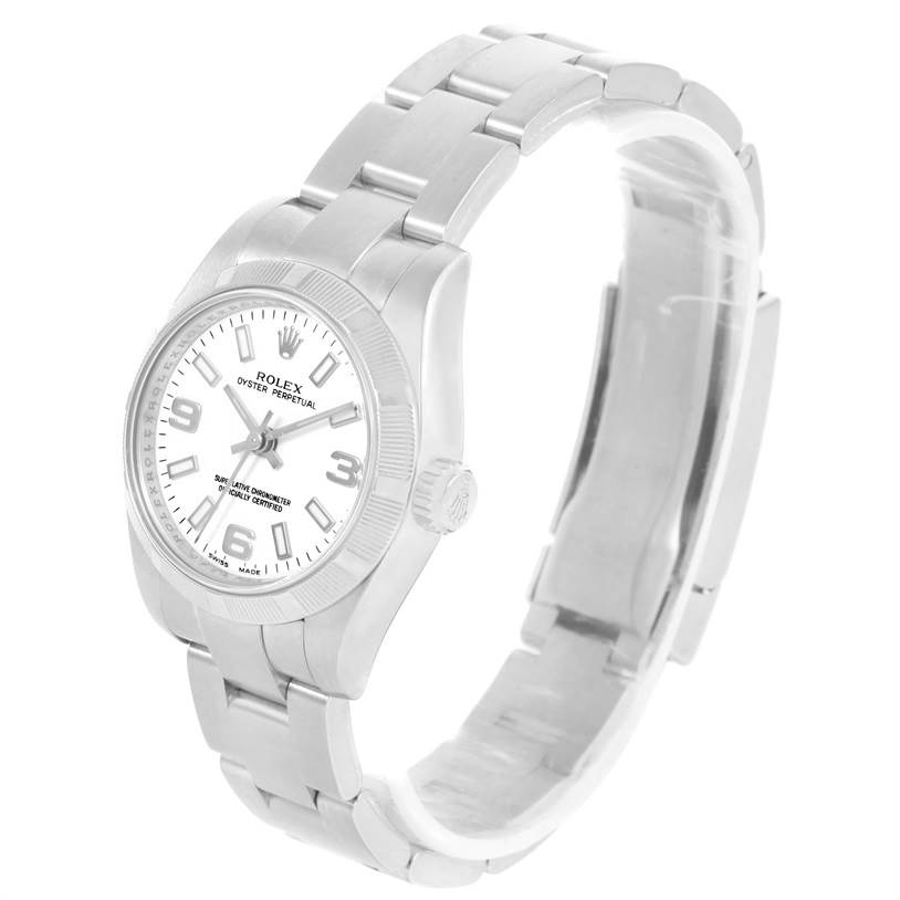 The image shows a Rolex Oyster Perpetual 176210 Women
s Stainless Steel White Dial 176210 Women
s Stainless Steel White Dial watch at an angle emphasizing the face, bezel, crown, and bracelet.