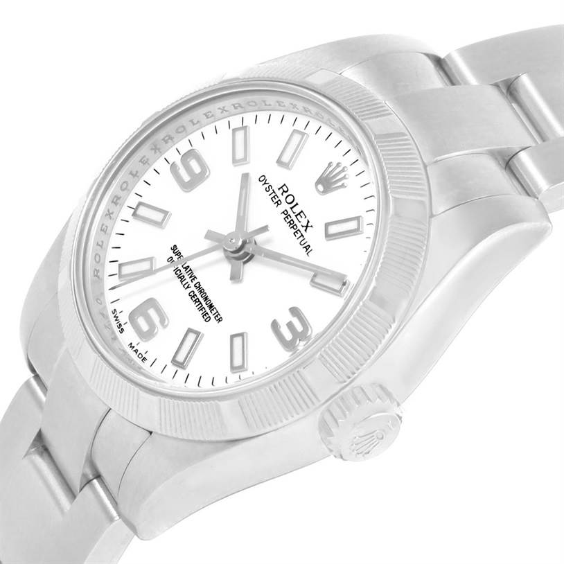 The image shows a Rolex Oyster Perpetual 176210 Women
s Stainless Steel White Dial 176210 Women
s Stainless Steel White Dial watch at an angled side view showcasing the dial, bezel, and part of the bracelet.