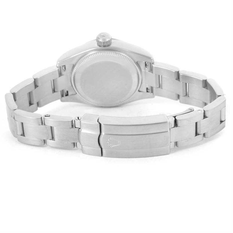 The image shows the back view of the Rolex Oyster Perpetual 176210 Women
s Stainless Steel White Dial 176210 Women
s Stainless Steel White Dial watch, highlighting its closed case back and bracelet with clasp.