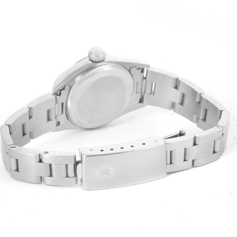 This image shows the case back, crown, and bracelet of a Rolex Oyster Perpetual 67194 Women's Stainless Steel Silver Dial 67194 Women's Stainless Steel Silver Dial watch from a rear angle.