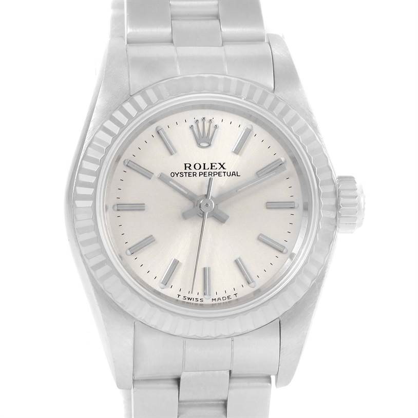 This image shows a Rolex Oyster Perpetual 67194 Women's Stainless Steel Silver Dial 67194 Women's Stainless Steel Silver Dial watch from a front angle, highlighting the dial, bezel, hands, and part of the bracelet.