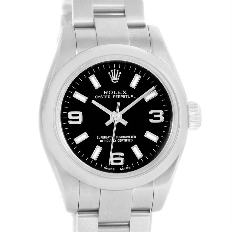 The image shows a front view of the face and part of the bracelet of a Rolex Oyster Perpetual 176200 Women's Stainless Steel Black Dial 176200 Women's Stainless Steel Black Dial watch.