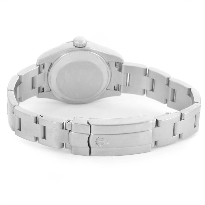 The image shows the back view of a Rolex Oyster Perpetual 176200 Women's Stainless Steel Black Dial 176200 Women's Stainless Steel Black Dial watch, highlighting the case back, bracelet, and clasp.