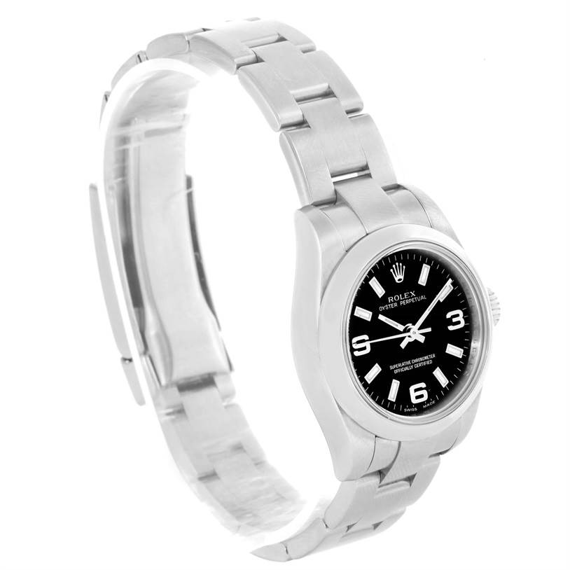 The image shows a side angle of a Rolex Oyster Perpetual 176200 Women's Stainless Steel Black Dial 176200 Women's Stainless Steel Black Dial watch, showcasing its bracelet, case, and black dial.
