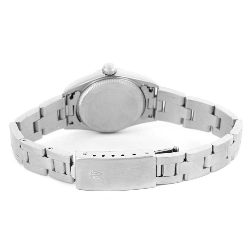 This image shows the back of a Rolex Oyster Perpetual 76080 Women
s Stainless Steel Blue Dial 76080 Women
s Stainless Steel Blue Dial watch, highlighting the bracelet and clasp.